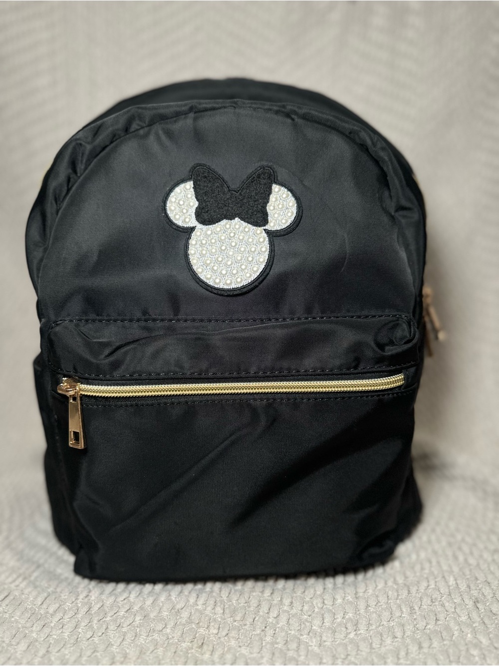 Disney Black Kids Backpack with Pearl Minnie Patch and Gold Trim